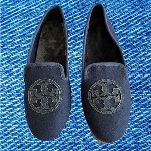 TORY BURCH NAVY BLUE NEW BOX SHOES LAMB FUR LOGO BILLY SLIPPERS 5